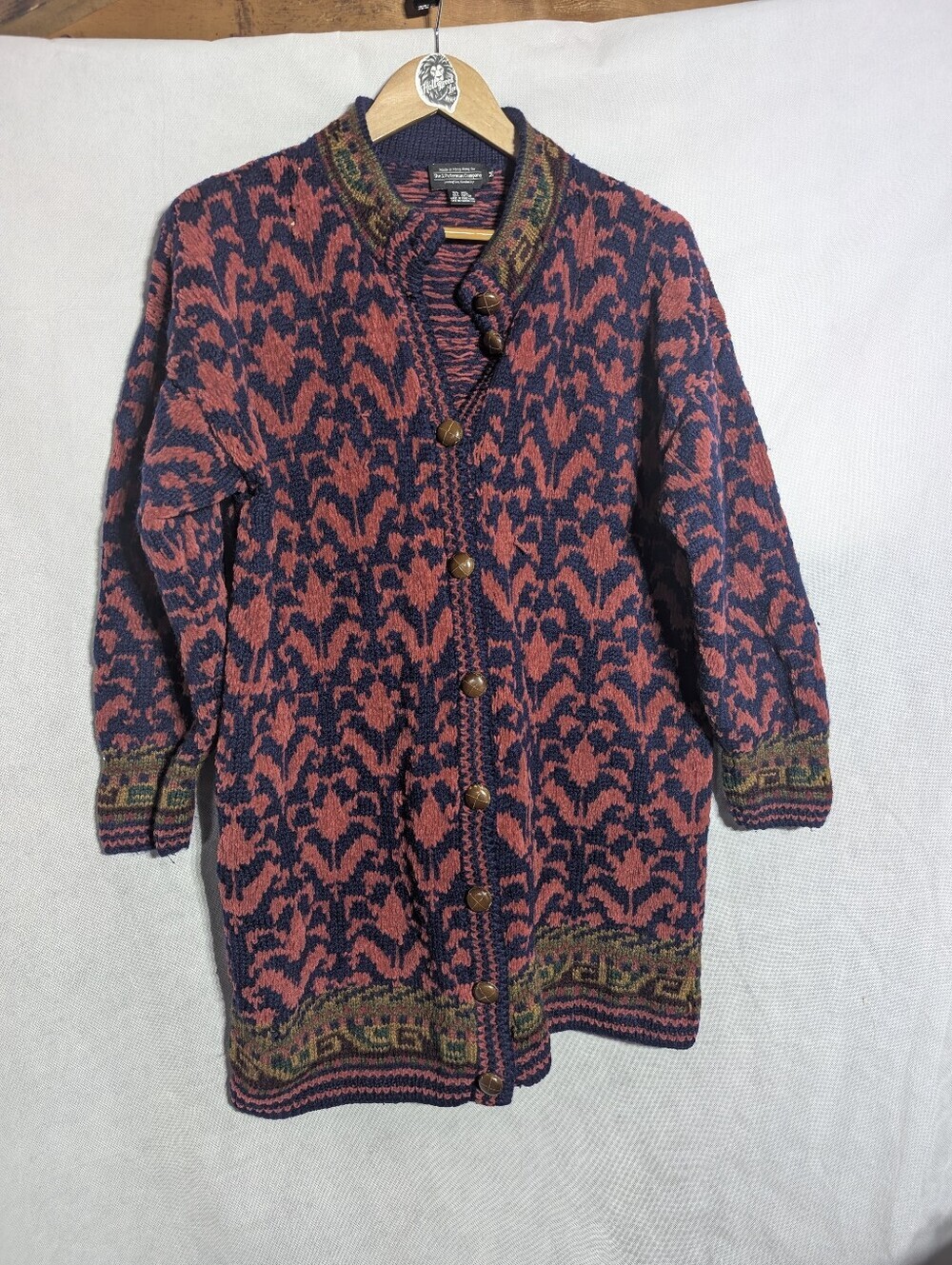 VTG J. Peterman Wool Cotton Tapestry Knit Long Cardigan Sweater Coat Jacket M